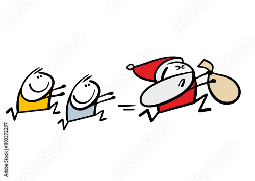 Scared Santa Claus is running away from the children at Christmas. Vector illustration of boys chasing an unhappy old man with a beard, they want to take away a bag of gifts for the new year. 