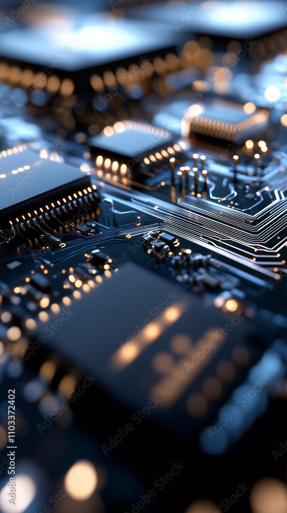 Close-Up of Microchip Circuit Board with Glowing Details Close-Up of Microchip Circuit Board with Glowing Details
