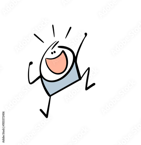 Happy child jumps up in delight and screams with joy. Vector illustration of a cartoon stickman attracts. Isolated doodle character on white background.