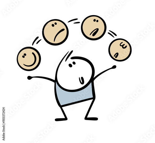 Clever juggler performs in a circus, juggling balls with faces and emotions. A vector illustration of a psychologist controls the mood. Isolated doodle character on white background. photo