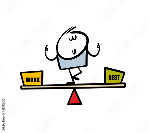 Stickman stands on a scale and balances on a swing between work and rest. Vector illustration of psychological comfort and relaxation, mental balance. Isolated doodle character on white background.