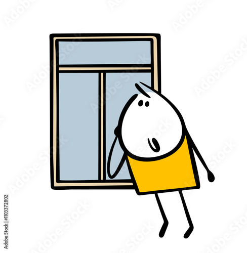 Curious child looks through the window into someone else  house. Vector illustration of an ill-mannered boy peeping. Isolated on white background.