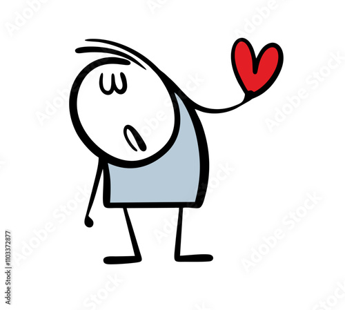 Cartoon unhappy man is sad, closed his eyes and gives his heart. Vector illustration of the torment and suffering of unrequited love. Isolated doodle character on white background.