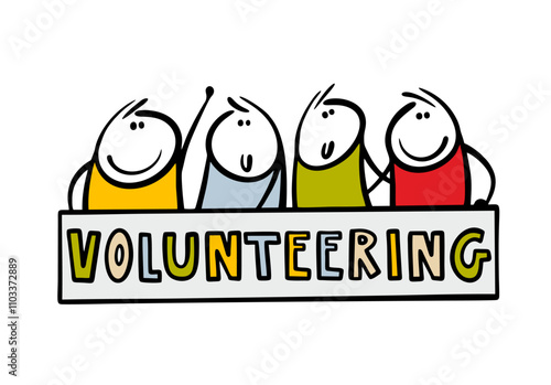 Banner for a volunteer organization. A vector emblem, a group of people united by a noble mission. Four guys are standing next to each other, doing a common thing. Isolated on white background.