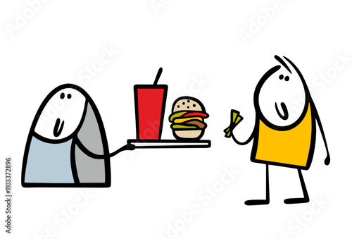 Man holds out money, buys fast food. Vector illustration of an order on a tray, the seller holds it out of the window. A burger and a carbonated drink in a paper cup. Isolated on white background.