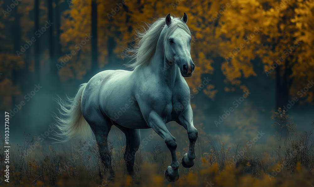Elegant horse running against autumn forest backdrop. Elegant horse running against autumn forest backdrop.