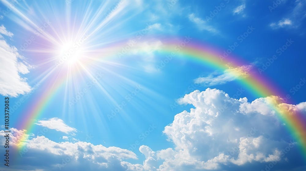 Beautiful vibrant double rainbow stretching across clear blue sky with bright sunlight and fluffy white clouds, stunning cloudscape background featuring large double rainbow arcing in right corner. Beautiful vibrant double rainbow stretching across clear blue sky with bright sunlight and fluffy white clouds, stunning cloudscape background featuring large double rainbow arcing in right corner.