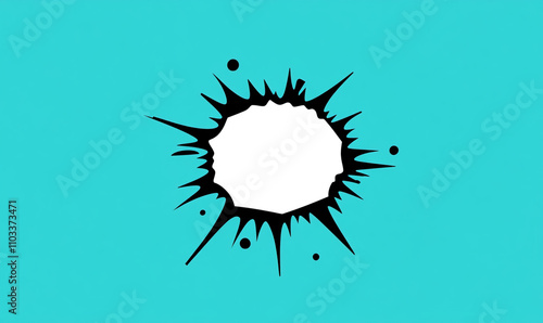  abstract design featuring white speech bubble surrounded by dynamic black spikes on bright turquoise background, perfect for comic book themes photo