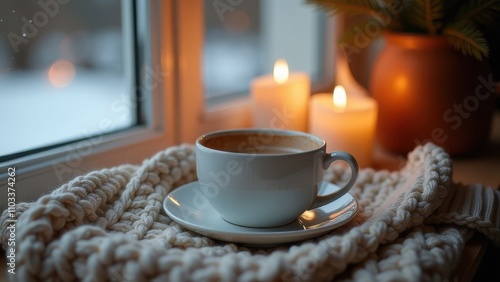 Hot steaming coffee or cocoa on the windowsill against the backdrop of a snowy forest, The concept of comfort and warmth on a winter day or Christmas and New Year's evening