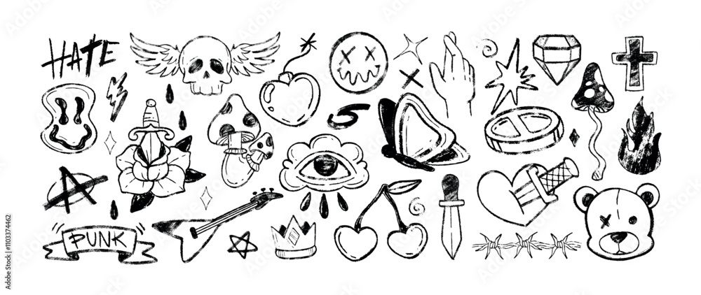Obraz premium Y2k tattoo sticker set, charcoal pencil punk rock symbols. Grafitti hand drawn doodle crayon gothic smile emoji, bear head, fly agaric, stabbed heart, barbed wire, eye, stars, fire flame grunge icons