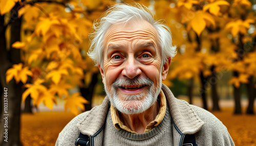 Autumn senior Portrait In Fall Yellow Leaves. Mature man in autumn Park Outdoor. Autumnal mood. Grandfather in autumn orange leaves outdoor. Old man in autumn garden. Fun, funny, excited old man fac photo