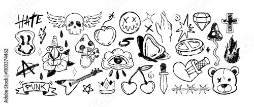 Y2k tattoo sticker set, charcoal pencil punk rock symbols. Grafitti hand drawn doodle crayon gothic smile emoji, bear head, fly agaric, stabbed heart, barbed wire, eye, stars, fire flame grunge icons