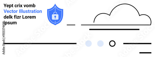 Text, blue shield with a padlock, partial cloud outline, various lines and dots. Ideal for security, cloud storage, modern technology, minimalism, data protection, digital solutions. Landing page