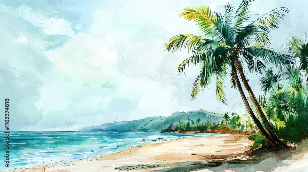Watercolor Painting of a Tropical Beach with Palm Trees Watercolor Painting of a Tropical Beach with Palm Trees