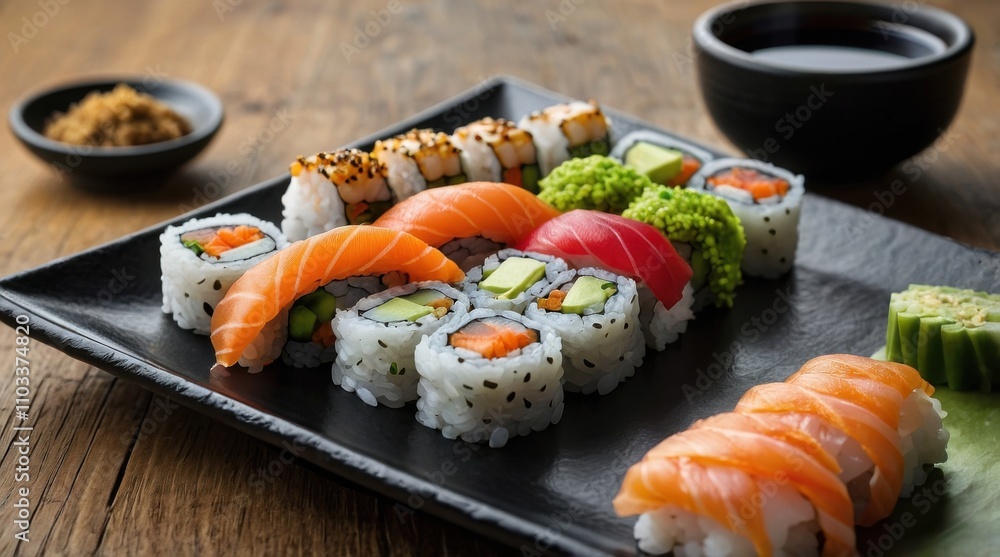 Delicious sushi set, soy sauce, wasabi, maki Delicious sushi set, soy sauce, wasabi, maki