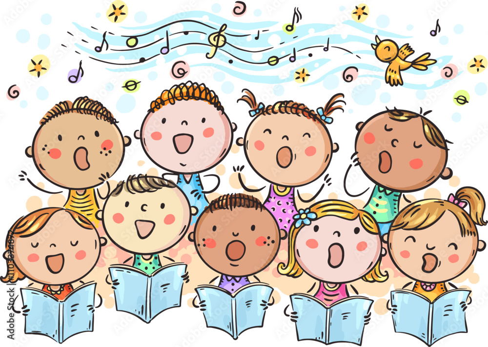 Cartoon children choir. Kids choir singing. Group of children singing. Kids group performance. Happy little boys and girls singing song together. Choristers concert Cartoon children choir. Kids choir singing. Group of children singing. Kids group performance. Happy little boys and girls singing song together. Choristers concert