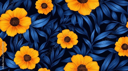 Wallpaper Mural Stunning vibrant yellow and blue floral pattern with sunflowers and daisies in a lush garden scene Torontodigital.ca