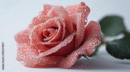 A vivid red rose with glistening dewdrops sits gracefully on a gentle surface, illuminated by soft light that enhances its beauty in a calm setting