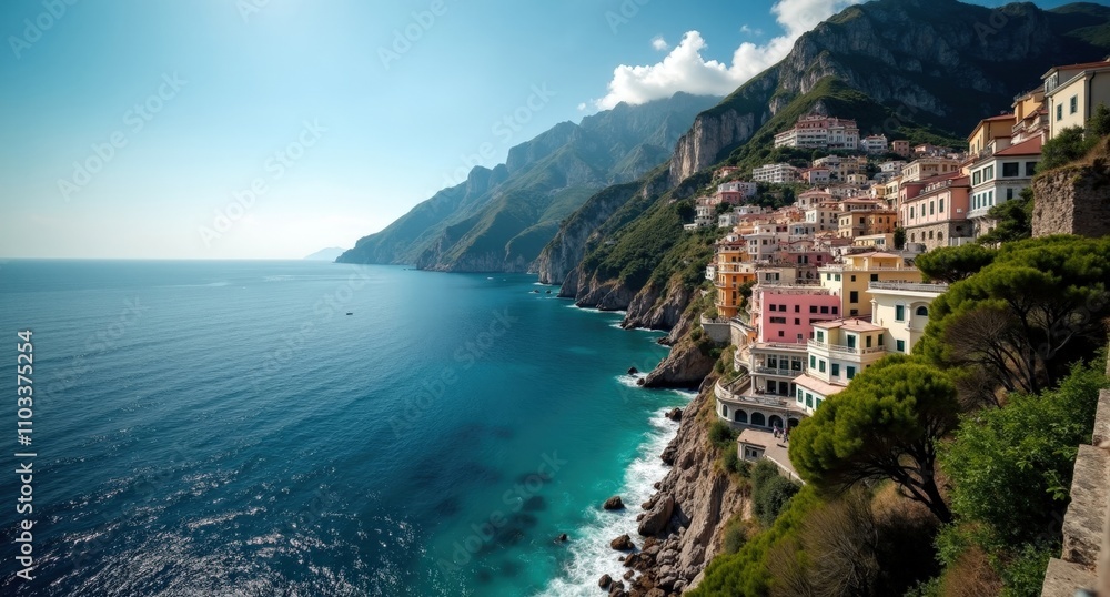 Naklejka premium Amalfi Coast shot with Nikon D850 and Nikon AF-S NIKKOR 14-24mm f/2.8G ED lens, natural light, style of National Geographic, taken from the south, featuring rugged cliffs and coastline.