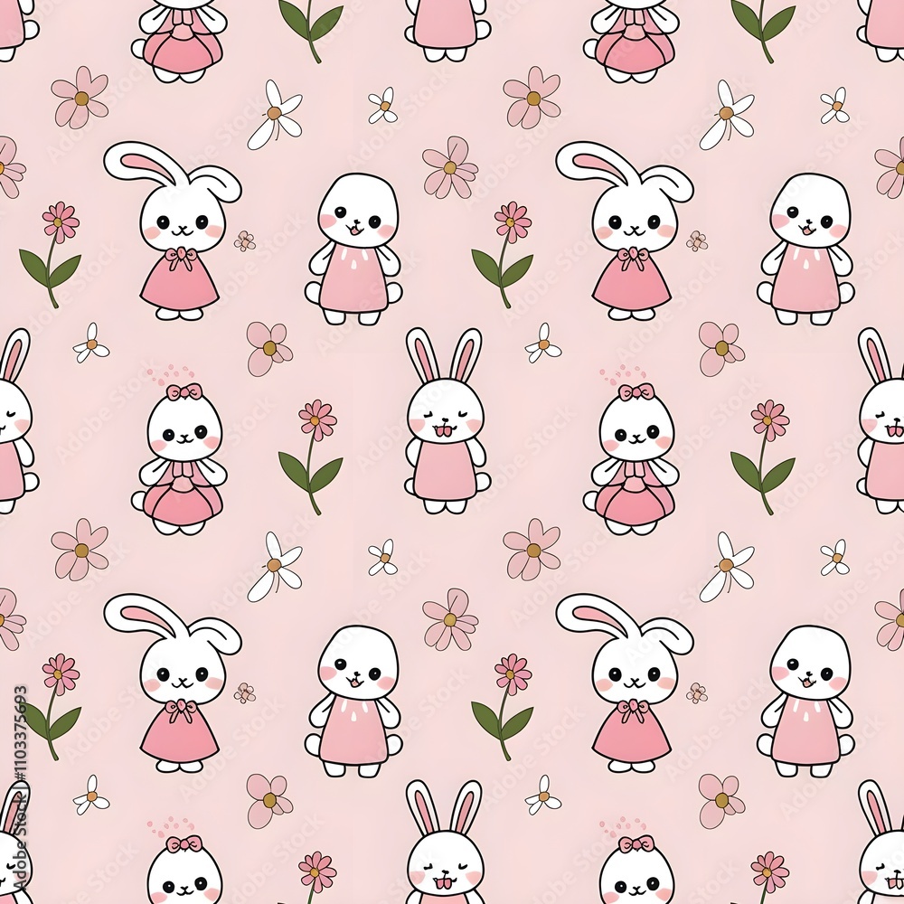 Fototapeta premium light pink pattern of cute, animated bunnies and flowers. 