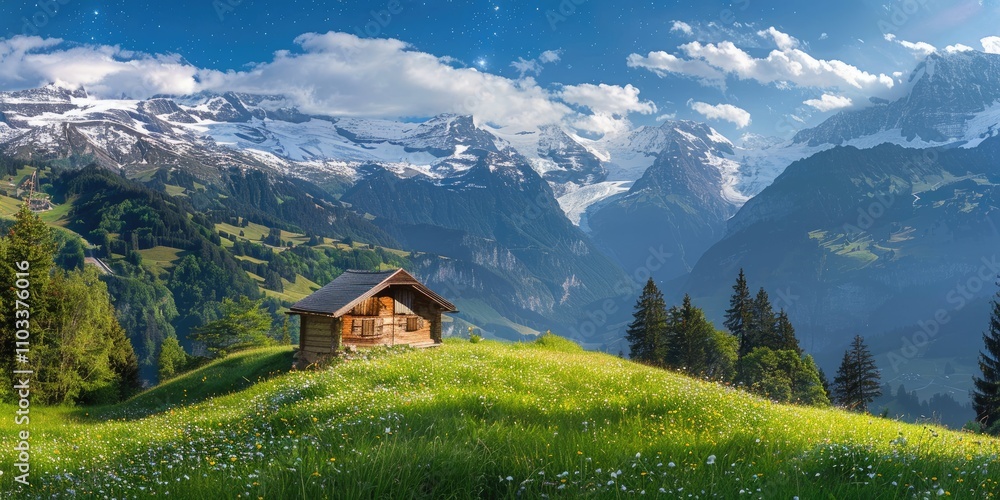 Obraz premium A traditional wooden cabin perched on a snowy hill, with the majestic Swiss Alps in the background and a dazzling canopy of stars above. 