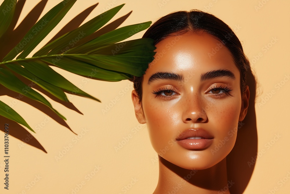 Close-up Portrait of Tanned Woman with Tropical Leaf Close-up Portrait of Tanned Woman with Tropical Leaf