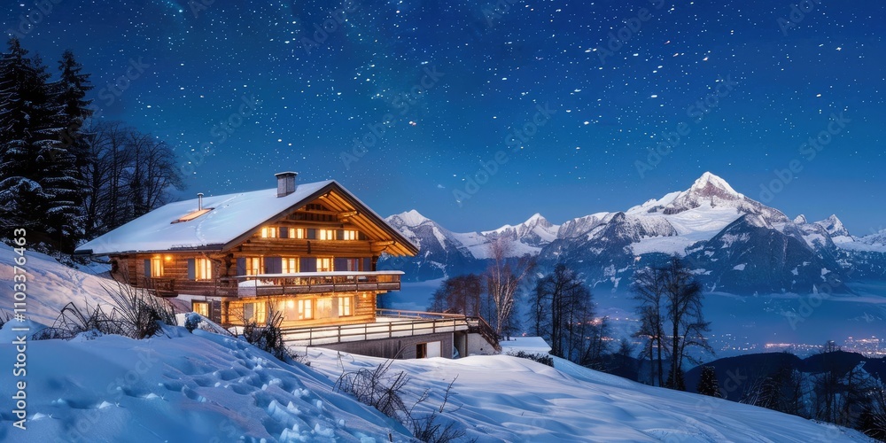 Naklejka premium A traditional wooden cabin perched on a snowy hill, with the majestic Swiss Alps in the background and a dazzling canopy of stars above.