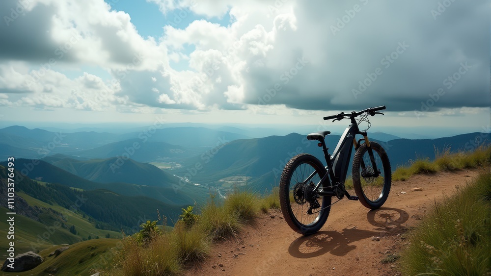 E-bike on a scenic mountain trail with a stunning view of rolling hills under a cloudy sky, capturing the spirit of adventure and outdoor exploration E-bike on a scenic mountain trail with a stunning view of rolling hills under a cloudy sky, capturing the spirit of adventure and outdoor exploration