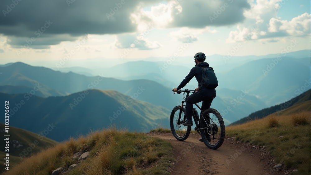 Cyclist enjoying a scenic mountain trail ride under dramatic clouds, with expansive views of rolling hills and valleys in the background Cyclist enjoying a scenic mountain trail ride under dramatic clouds, with expansive views of rolling hills and valleys in the background