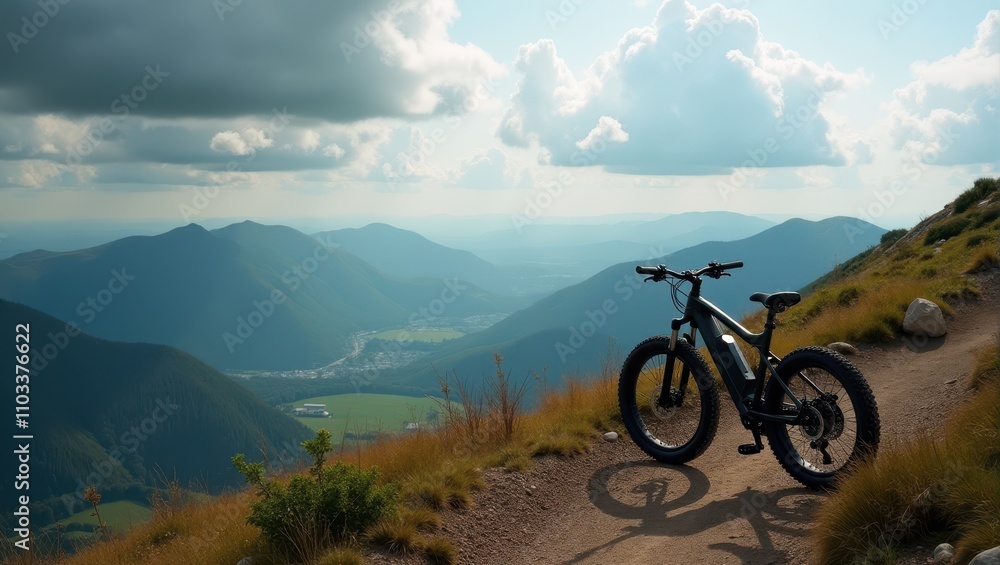 A mountain bike rests on a winding trail overlooking a vast, serene valley with majestic rolling hills under a cloud-filled sky A mountain bike rests on a winding trail overlooking a vast, serene valley with majestic rolling hills under a cloud-filled sky