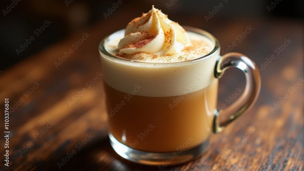 A warm glass coffee cup filled with creamy latte topped with fluffy whipped cream and a sprinkle of cinnamon sits on a rustic wooden table A warm glass coffee cup filled with creamy latte topped with fluffy whipped cream and a sprinkle of cinnamon sits on a rustic wooden table
