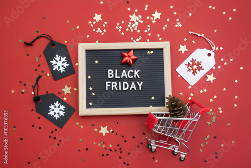 Black Friday Sale Board with Mini Shopping Cart, Star Confetti, and Festive Sale Tags on Red Background