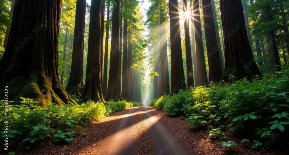 Fototapeta premium Redwood National Park shot with Nikon D850 and Nikon AF-S NIKKOR 14-24mm f/2.8G ED lens, natural light, style of National Geographic, taken from the south, featuring towering trees.