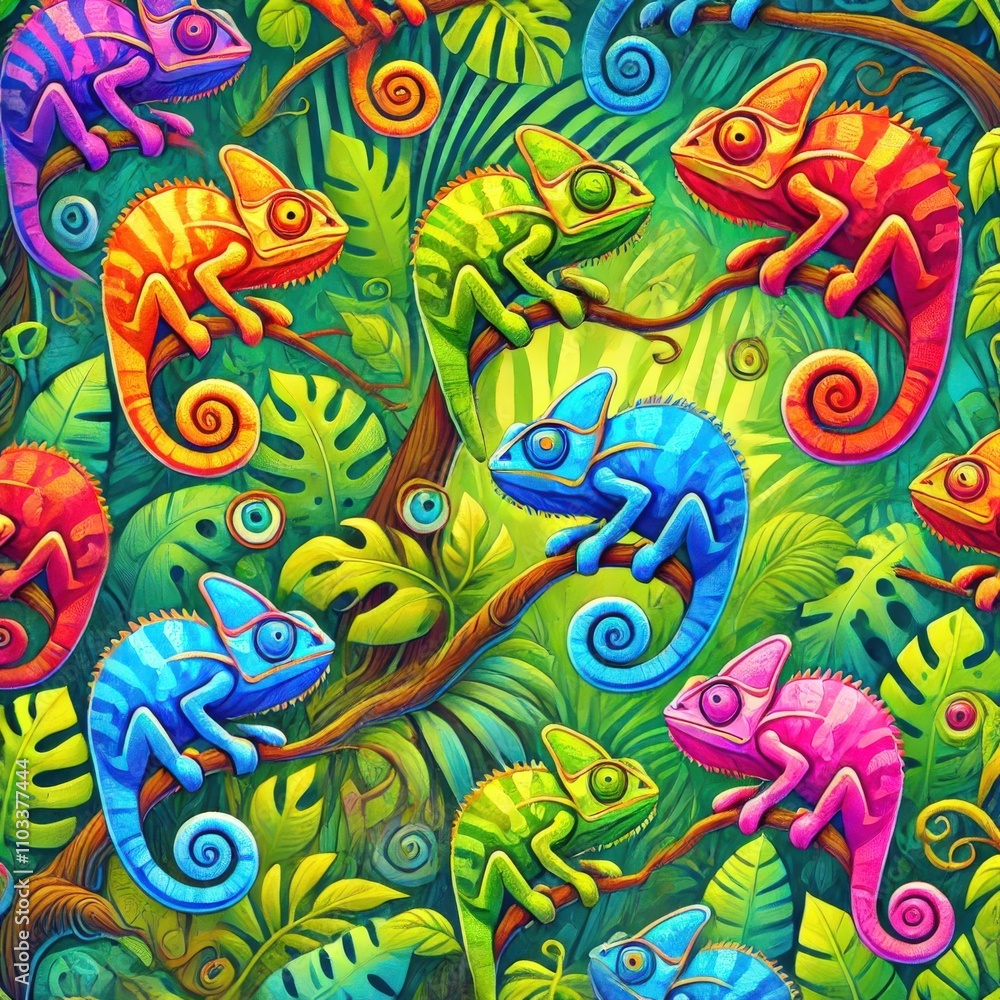 Vibrant Chameleons in a Lush Jungle Paradise Vibrant Chameleons in a Lush Jungle Paradise