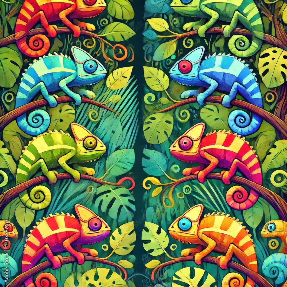 Naklejka premium Vibrant Chameleons in a Lush Jungle Paradise