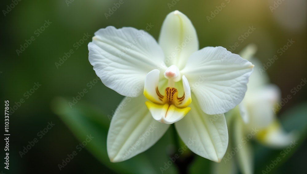 Elegant white orchid in full bloom against a blurred green background, showcasing delicate petals and vibrant colors Elegant white orchid in full bloom against a blurred green background, showcasing delicate petals and vibrant colors