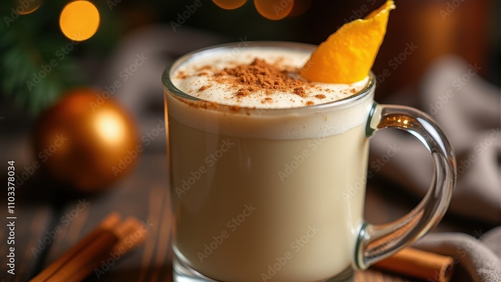 A creamy eggnog garnished with cinnamon and an orange peel sits in a glass mug, set against a warm, festive background with subtle holiday decorations A creamy eggnog garnished with cinnamon and an orange peel sits in a glass mug, set against a warm, festive background with subtle holiday decorations