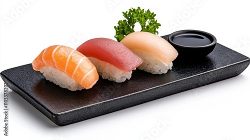 a photostock of a sleek sushi tray with nigiri and soy sauce, modern dining 2025 photo