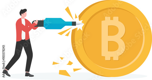 Businessman digs bitcoin with pneumatic drill
