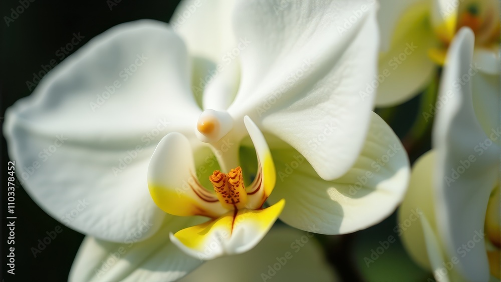 Close-up of a delicate white orchid in full bloom, highlighting its intricate petals and vibrant yellow center against a soft, blurred background Close-up of a delicate white orchid in full bloom, highlighting its intricate petals and vibrant yellow center against a soft, blurred background