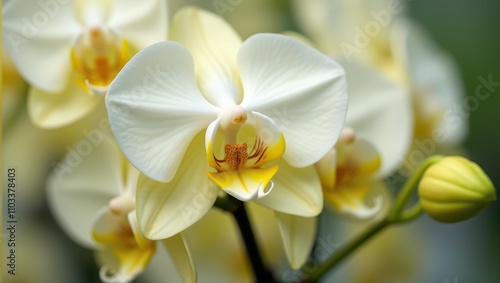 Close-up of elegant white and yellow orchids with detailed petals and a soft green background, showcasing natural beauty and delicate floral details