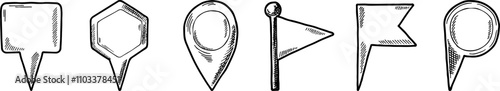 A set of six different shaped pins with a flag on top
