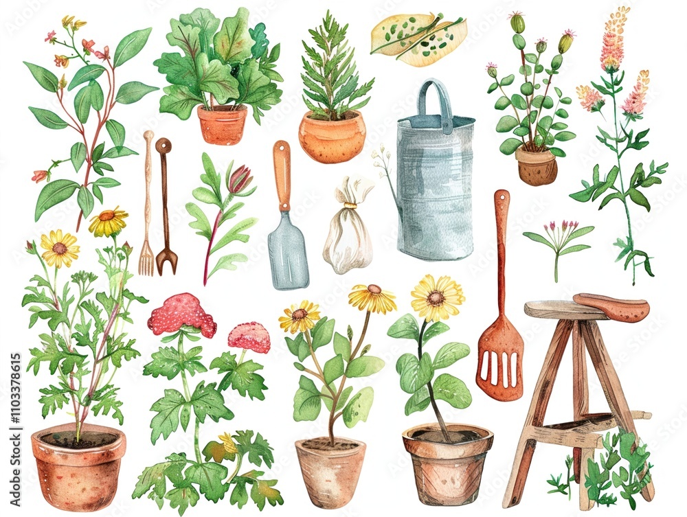 Fototapeta premium Charming gardening stickers in watercolor lush greenery