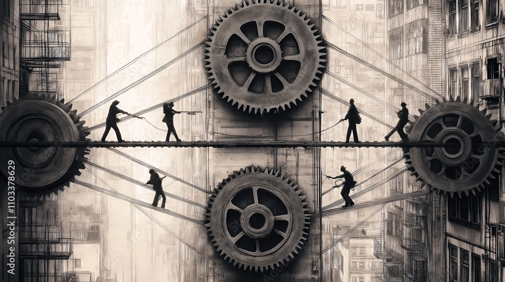 Businesspeople walking on tightropes and turning giant gears in urban setting Businesspeople walking on tightropes and turning giant gears in urban setting
