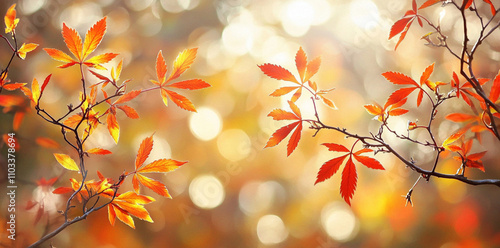 Autumn leaves in vibrant orange hues create warm and inviting atmosphere, illuminated by soft sunlight filtering through branches. bokeh effect enhances beauty of this seasonal scene