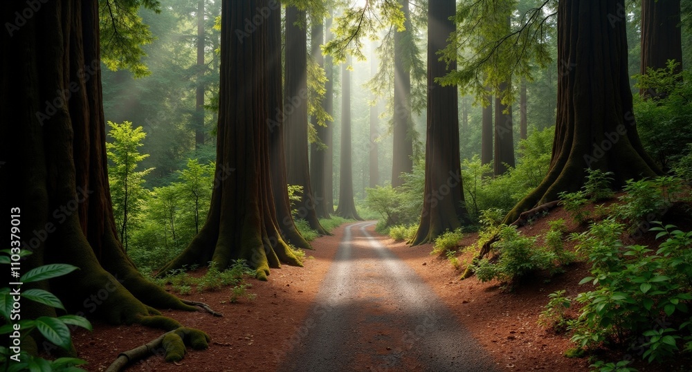 Obraz premium Redwood National Park shot with Nikon D850 and Nikon AF-S NIKKOR 14-24mm f/2.8G ED lens, natural light, style of National Geographic, taken from the west, highlighting dense forest.