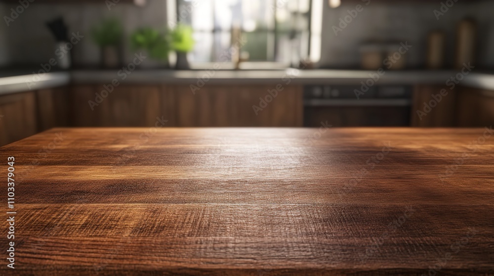 Wood Table Top on Blur Kitchen Counter Room Background
Wood Table Top on Blur Kitchen Counter Room Background