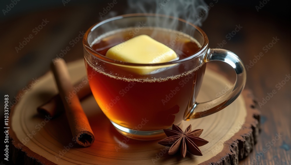 Steaming glass mug of hot buttered rum garnished with cinnamon sticks and star anise on a rustic wooden surface Steaming glass mug of hot buttered rum garnished with cinnamon sticks and star anise on a rustic wooden surface