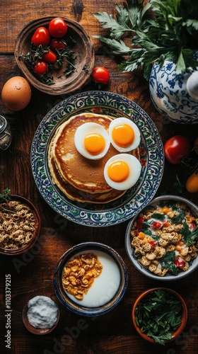 A vibrant breakfast spread featuring pancakes, eggs, and various sides on a wooden table.