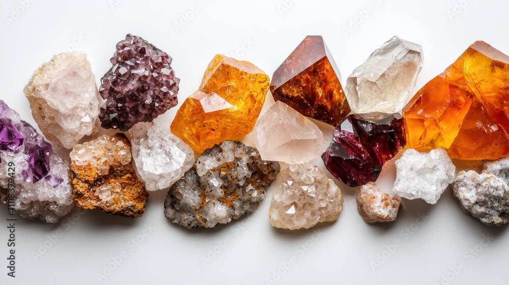 Stunning Array of Colorful Crystals and Stones against White Background Stunning Array of Colorful Crystals and Stones against White Background